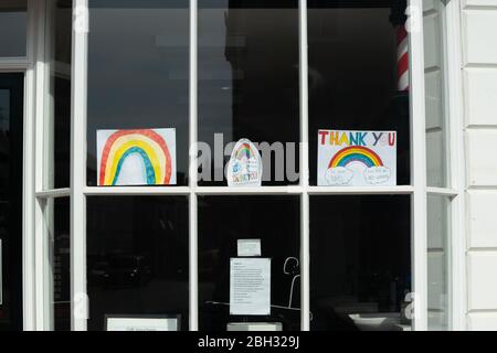 April 23rd, Bicester, Oxfordshire, UK . 23rd Apr 2020. Shops display pictures of rainbows, a symbol of hope in dark times, representing gratitude and thanks to NHS staff and all key workers for their service during the coronavirus pandemic. Thank you NHS Credit Bridget Catterall/Alamy Live News Stock Photo