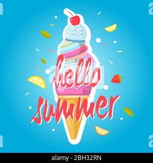 Hello summer ice cream cone, colorful background. Color sweet ice cream food, dessert ice-cream, vector illustration Stock Vector