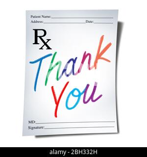 Healthcare thank you and appreciation for healthcare workers and global health care thanks as a doctor prescription note for pharmacy medicine. Stock Photo