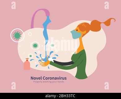 Girl washing her hands with liquid soap, health promotion illustration for COVID-19 Stock Vector