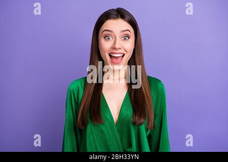 Portrait of astonished crazy funky girl hear incredible black friday novelty impressed shout wear fashion clothes isolated over vivid color background Stock Photo
