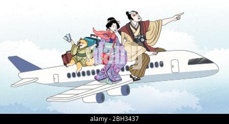 Travel to Japan concept, with geisha, samurai and shiba inu dog sitting on airplane excitingly, isolated on cloudy background Stock Vector