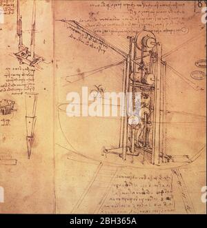 Leonardo da Vinci. Diagrams of Flying Machines. Detail. 1486-1490 Stock ...