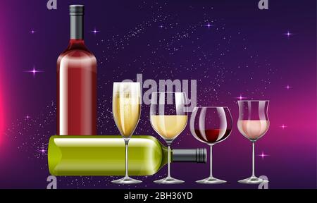 collection of wine glasses and bottle on abstract background Stock Vector