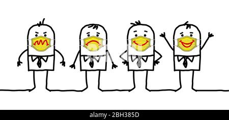 hand drawn Cartoon people wearing yellow protection masks with emoticons mood signs Stock Photo