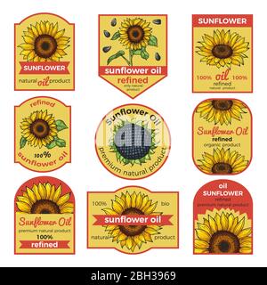 Labels for sunflower oil. Vector illustration with place for your text. Oil sunflower banner logo for bottle, natural refined oil Stock Vector