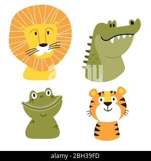 Africa vector set. Safari collection with alligator, frog, lion, toucan, rhino. Stock Vector