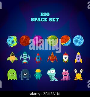 Big space set. Set of space elements. planets, rockets and monsters. Vector space monster and planet, spaceship and rocket illustration Stock Vector