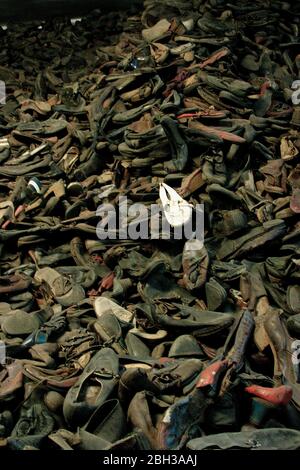 Shoes of victims displayed at Auschwitz camp of Auschwitz-Birkenau Stock Photo