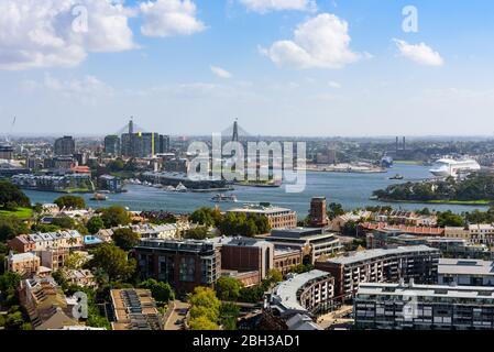 Sydney, New South Wales, Australia. The Anzac Bridge seen across Darling Harbour from the top of the Pylon Lookout on the Harbour Bridge. Stock Photo