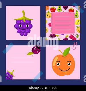 Vector flat cute orange, blackberry, plum fruits with faces note templates set. Illustration card and banner Stock Vector