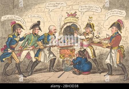 The Allied Bakers or the Corsican Toad in the Hole, April 1, 1814. Gebhardt von Bl&#xfc;cher, the  Duke of Wellington and Austrian emperor Francis I consign the figure emperor Napoleon to the oven. After George Humphrey Stock Photo