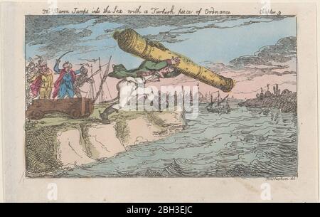 The Baron Jumps into the Sea with a Turkish piece of Ordnance, [1809], reissued 1811. Stock Photo