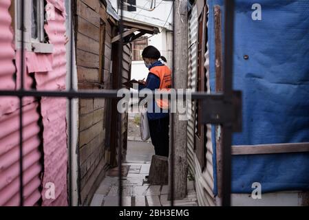 South African health workers screening for coronavirus in the densely populated Hout Bay informal settlement of Imizamo Yethu near Cape Town Stock Photo