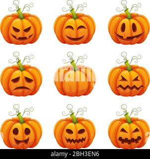 Pumpkin with funny faces. Different emotions. Halloween symbols in cartoon style Stock Vector
