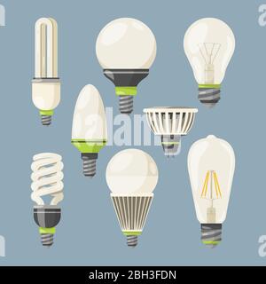 Incandescent bulbs, halogen and other different types. Vector pictures in cartoon style. Lamp bulb electric halogen, lightbulb power invention illustr Stock Vector