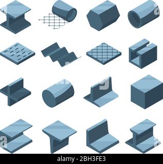 Industrial icons set of metallurgic production. Isometric pictures of steel or iron pipes. Metal pipe and production steel, construction tube and prof Stock Vector
