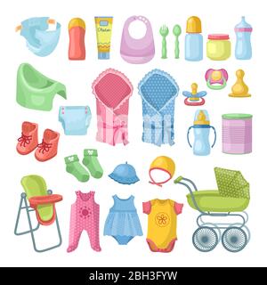 Illustrations set of newborn stuff. Different pictures set in cartoon style. Child and baby wear toy, accessory for newborn baby vector Stock Vector