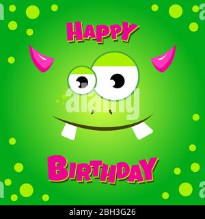 Monster party card design. Happy birthday card with green funny monster. Vector illustration Stock Vector