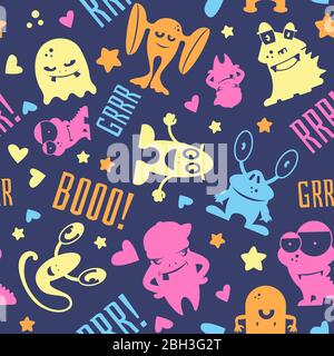 Seamless pattern with cute cartoon monsters, bubbles and words hello, monster, boo. Vector illustration Stock Vector