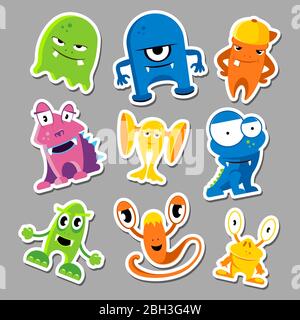 Set of cute monsters stickers. Collection of color funny monsters. Vector illustration Stock Vector