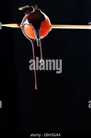 Cherry tomato pricked on a wooden skewer with liquid chocolate falling on black background. Stock Photo
