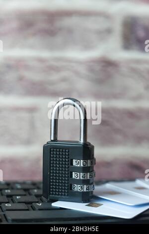 close up of padlock on keyboard. security and privacy concept  Stock Photo