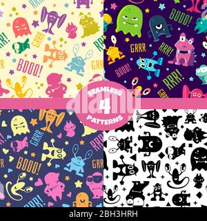 Seamless patterns set with cute cartoon monsters. Vector background with characters smile, alien halloween illustration Stock Vector