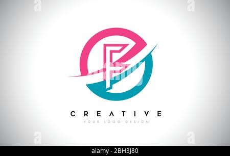 F Letter Design logo icon with circle and swoosh design and blue pink color vector illustration. Stock Vector