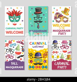 Banners or cards set with illustrations of funny tools for masquerade. Design template with place for your text. Masquerade holiday banner, party carn Stock Vector