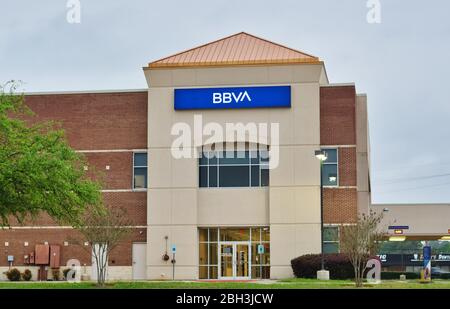 BBVA Bank exterior in Houston, TX. A bank holding company, subsidiary of Spanish multinational Banco Bilbao Vizcaya Argentaria. Stock Photo