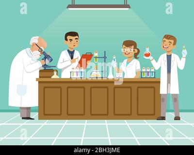 Professional chemists in their laboratory makes different experiments on the table. Male and female medical workers. Chemistry science education in la Stock Vector