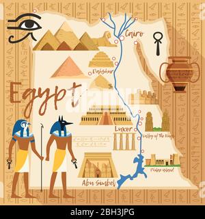 Stylized Map of Egypt with different cultural objects and landmarks. Egypt map travel with ancient landmark sphinx and pyramid. Vector illustration Stock Vector