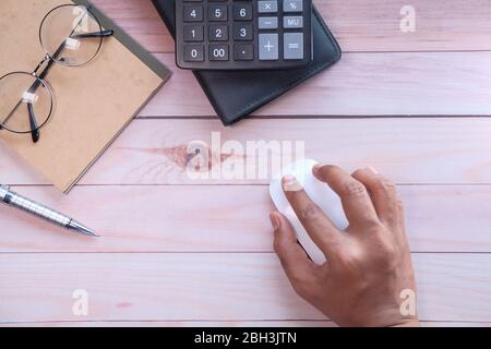 high angle view of man use computer mouse  Stock Photo