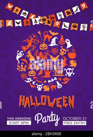 Vector halloween party invitation poster template with circle of witches, pumpkins, ghosts, spiders silhouettes, garlands and place for text. Hallowee Stock Vector