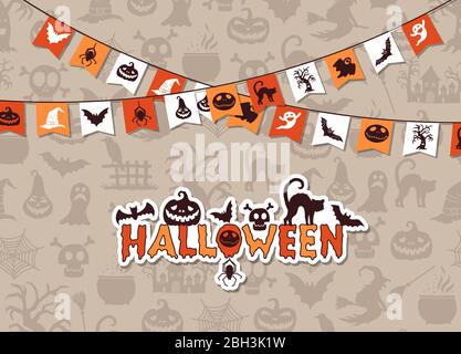 Vector halloween background with garlands and creepy ghosts and witches silhouettes illustration Stock Vector