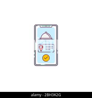 Food delivery application on phone. Fast food and menu order. Smartphone with food delivery app and checkmark. Line style vector illustration. Restaur Stock Vector