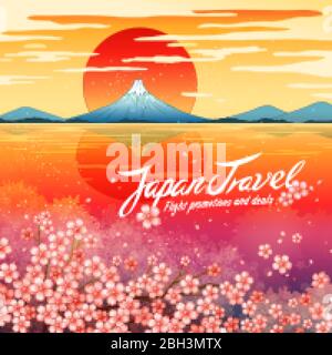 Japan travel promo poster, designed with breathtaking dusk view of Mount Fuji reflected in the still waters and cherry blossom blooming on shore Stock Vector