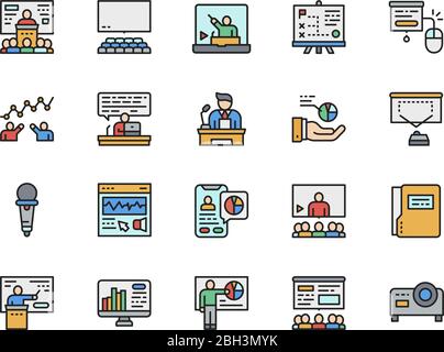 Set of Presentation Flat Color Line Icons. Hall, Microphone, Seminar and more. Stock Vector