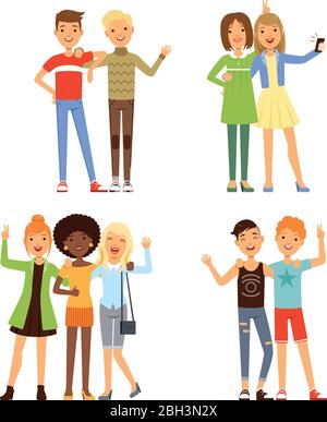 Illustrations of friendship. Different male and female friends. Friendly groups people together, young different friends character vector Stock Vector