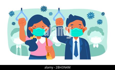 Commuters wearing surgical masks during their ride on subway or bus, Covid-19 prevention flat illustration Stock Vector