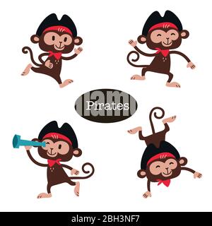 African Animals set. Cartoon cute monkey pirate. Stock Vector