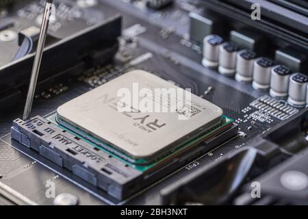 Moscow Russia 03.25.2020 AMD Ryzen processor is installed on the motherboard Stock Photo