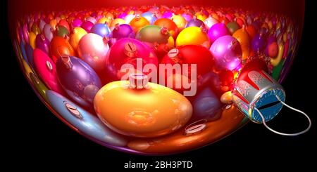 Christmas baubles, balls reflected in another. Xmas decorations. Close up, black background. Stock Photo