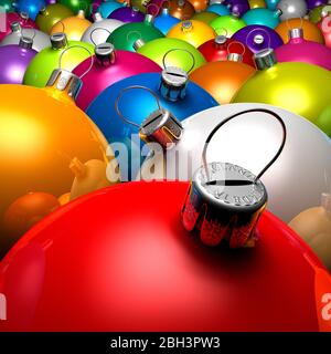 Christmas Baubles, balls, decorations. Close up, multicoloured. Many, lots filling frame. Stock Photo