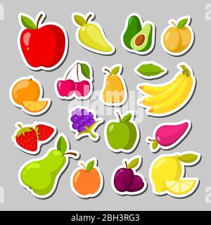 Set of cute fruits in the form of a stickers. Vector apple and lemon illustration Stock Vector