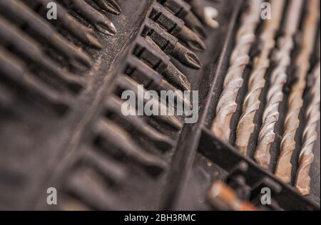 Close Up Of Case Of Metal Drill Bits For Woodworking. Stock Photo