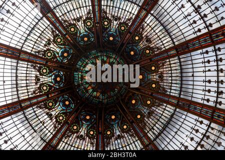 Paris, France - July 07 2017: Stained Glass of the cupola inside of the main building of the Galeries Lafayette. Stock Photo