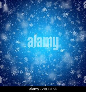 Christmas template with white blurred and clear snowflakes on blue background. EPS 10 Stock Vector