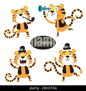 African Animals set. Cartoon cute Tiger pirate. Stock Vector